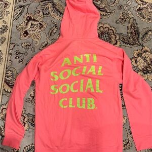 Anti Social Social Club Coral Pink Hoodie with Neon Lime Logo